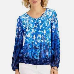 Blue Botanical Floral Print Long Sleeve Top Blue White Ombre Banded Hem Blouse
